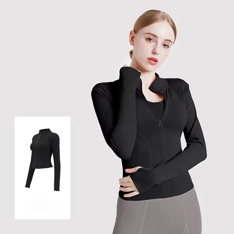 Black Long Sleeve Zipper Front Top for Women - Comfortable & Stylish Design