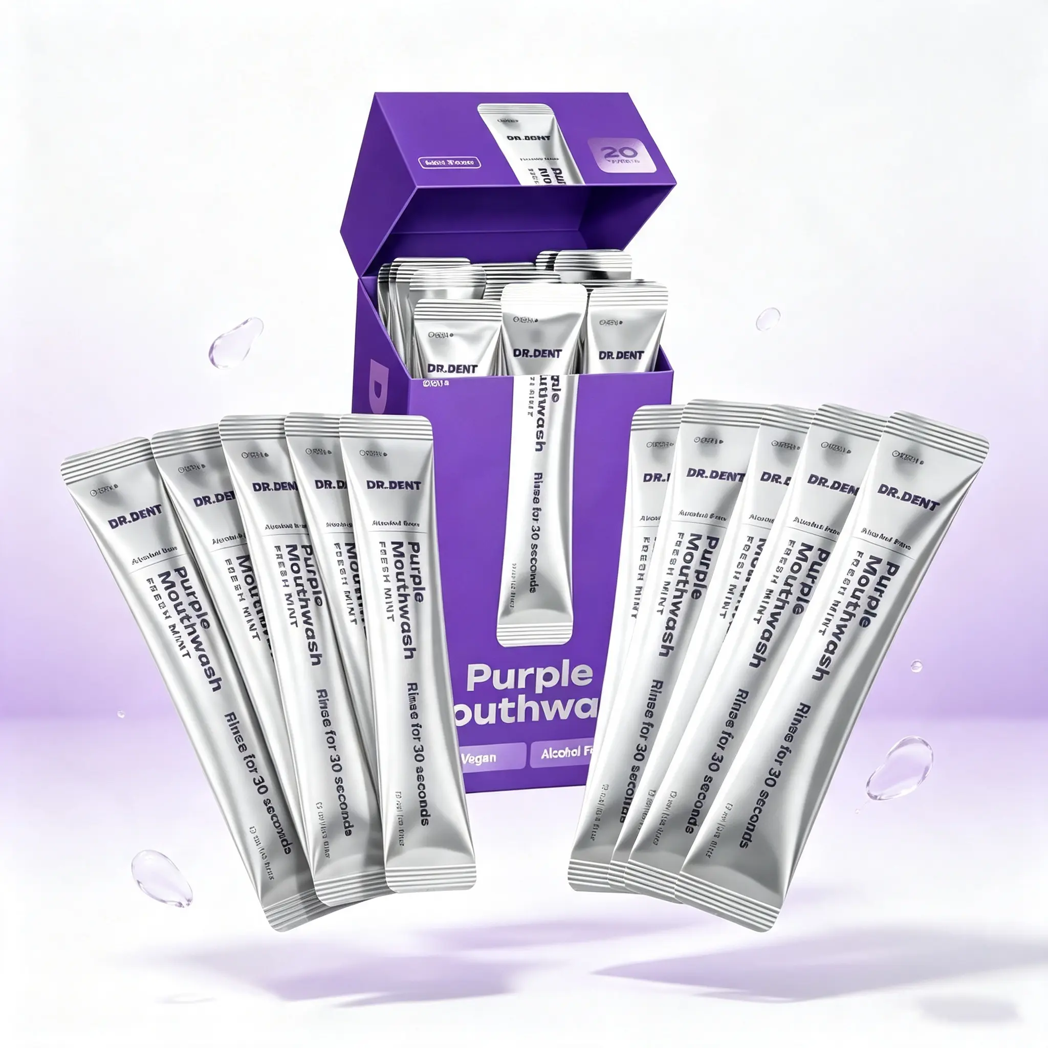 DR.DENT Oral Purple Mouthwash | 20-Pack Single Sachets | Alcohol-Free, Peroxide-Free, Xylitol-Containing Vegan Mint