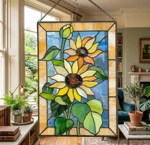 Sunflower Stained Glass Window Panel, Floral Suncatcher Hanging Decor, Bright Sunflower Charm, Housewarming Present