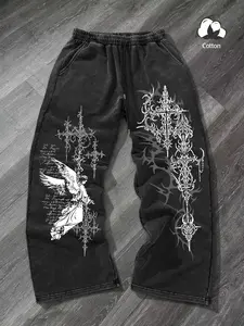Unisex Gothic Angel & Rune Print Pants, Casual Fashion Trousers, Loose Fit Casual Cotton Joggers, Dark Gothic Streetwear, Y2K Style, Emo Fashion, Fall & Winter
