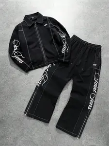 Luxury Opium Style Contrast Stitching Print Breathable Two-Piece Set - Boxy Zip-Up Jacket & Baggy Flare Pants with Zipper Hem - Dark Aesthetic Cyber Grunge Streetwear for Men & Women - High Street Fashion Outfit for Night Out & Clubbing