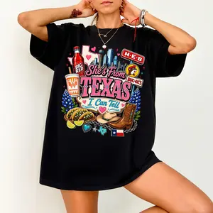 [100% Cotton] Vintage She's From Texas I Can Tell Big Red Shirt, Retro She's From Texas Western Shirt, Basketball Fan Shirt, Game Day Shirt, Full Colors, Full Sizes S-3XL summerwins