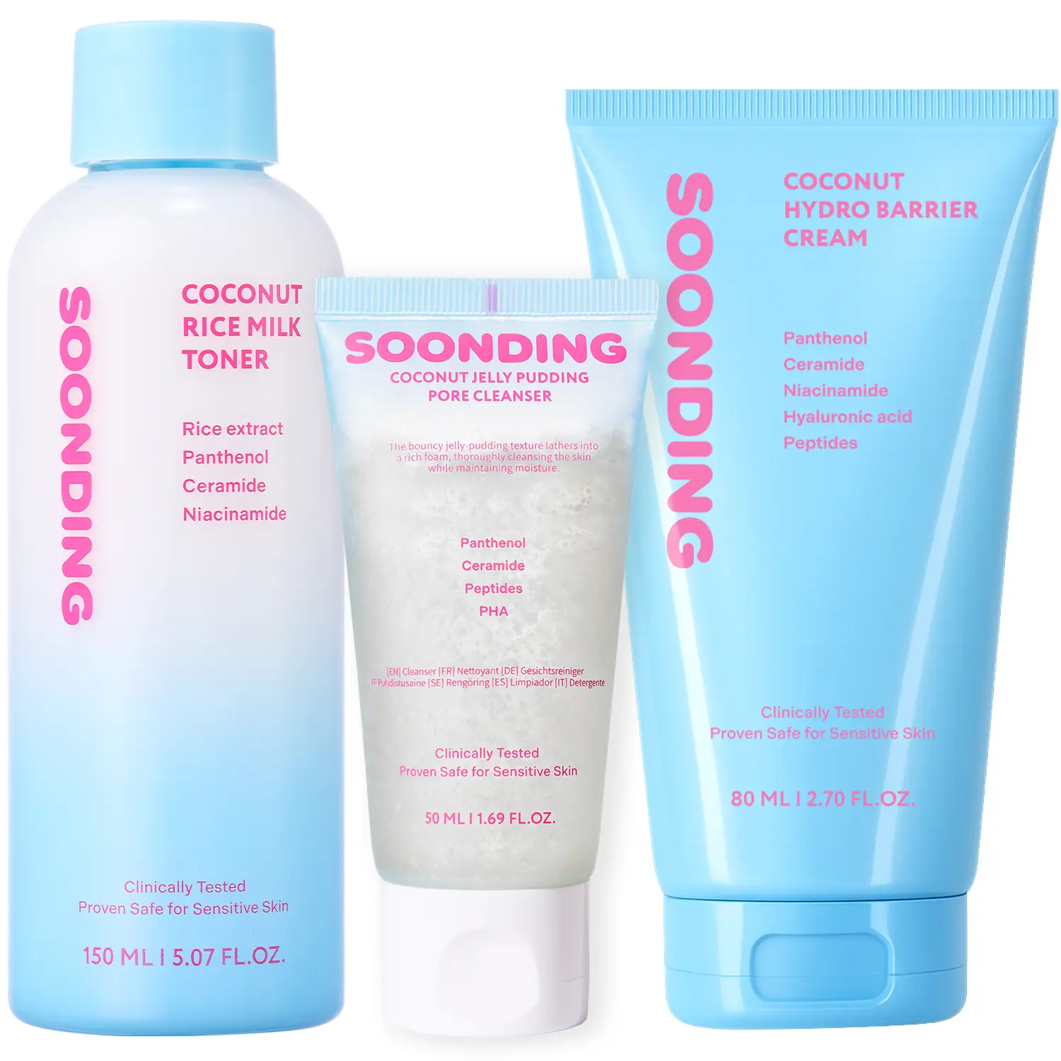 [SOONDING] K-Beauty Glass Skin Trio - Jelly Pudding Pore Cleanser 50ml, Rice Milk Toner, Barrier Cream