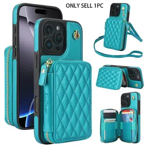 Fashionable Quilted Pattern Zipper Smartphone Case with Card Slot & Hand Strap, PU Leather Phone Cases for iPhone 17 Pro Max 17 Air  16 Pro Max 15 Plus 14 Plus 13 12,11 Cover, Protection