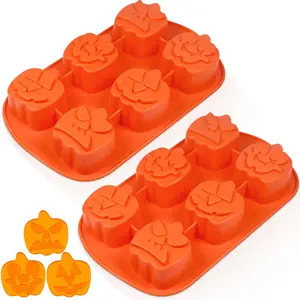 Halloween Themed Silicone Mold, 2 Counts/set 6-grid Pumpkin Shaped Cake Mold, Multifunctional Baking Mold for Home Kitchen Baking House