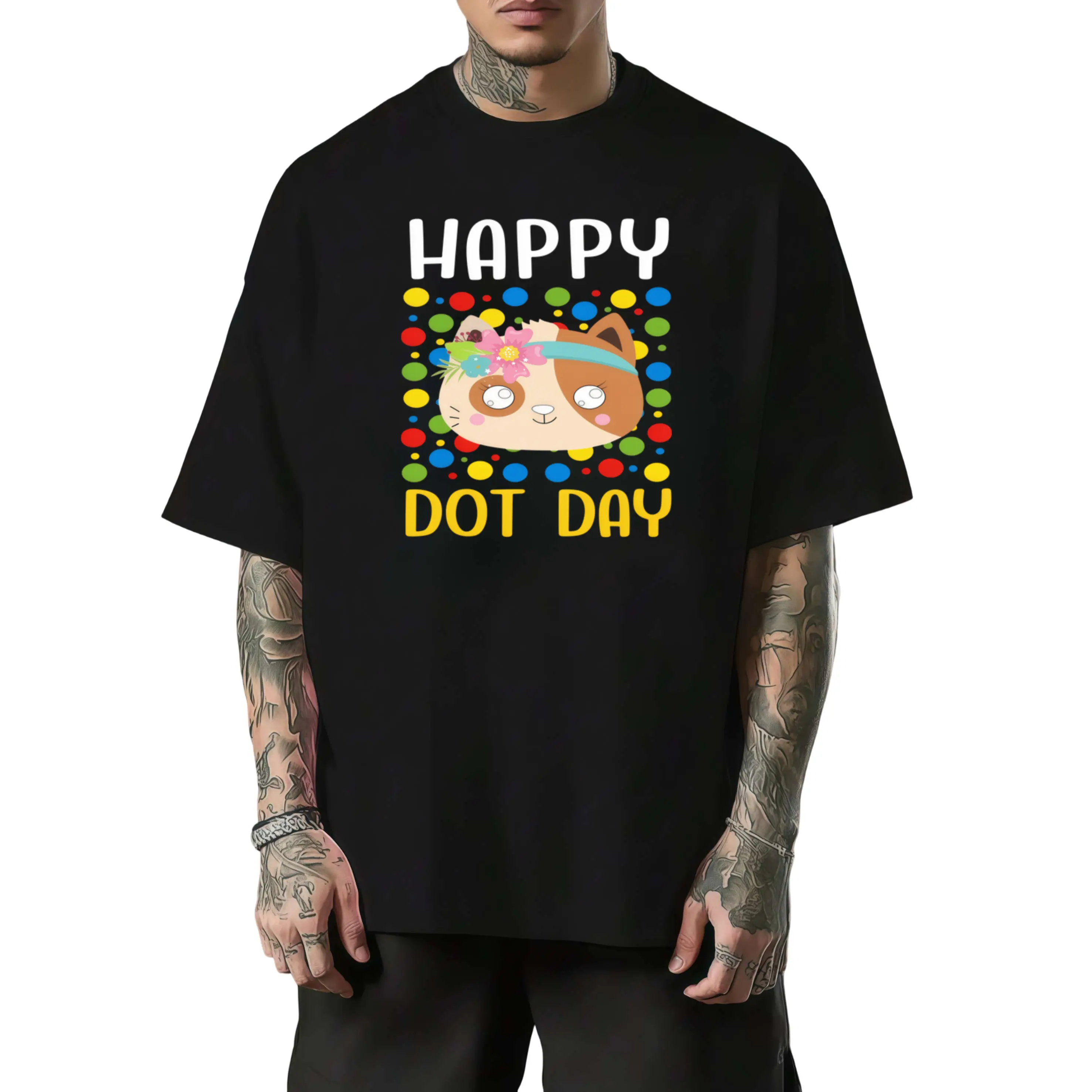 Designed for Men's Happy Dot Day TShirt with Colorful Dots Cute Cat Face Print Round Neck Short Sleeve Tee for International Dot Day Celebrations Casual Wear Gifts Soft, for Teenager