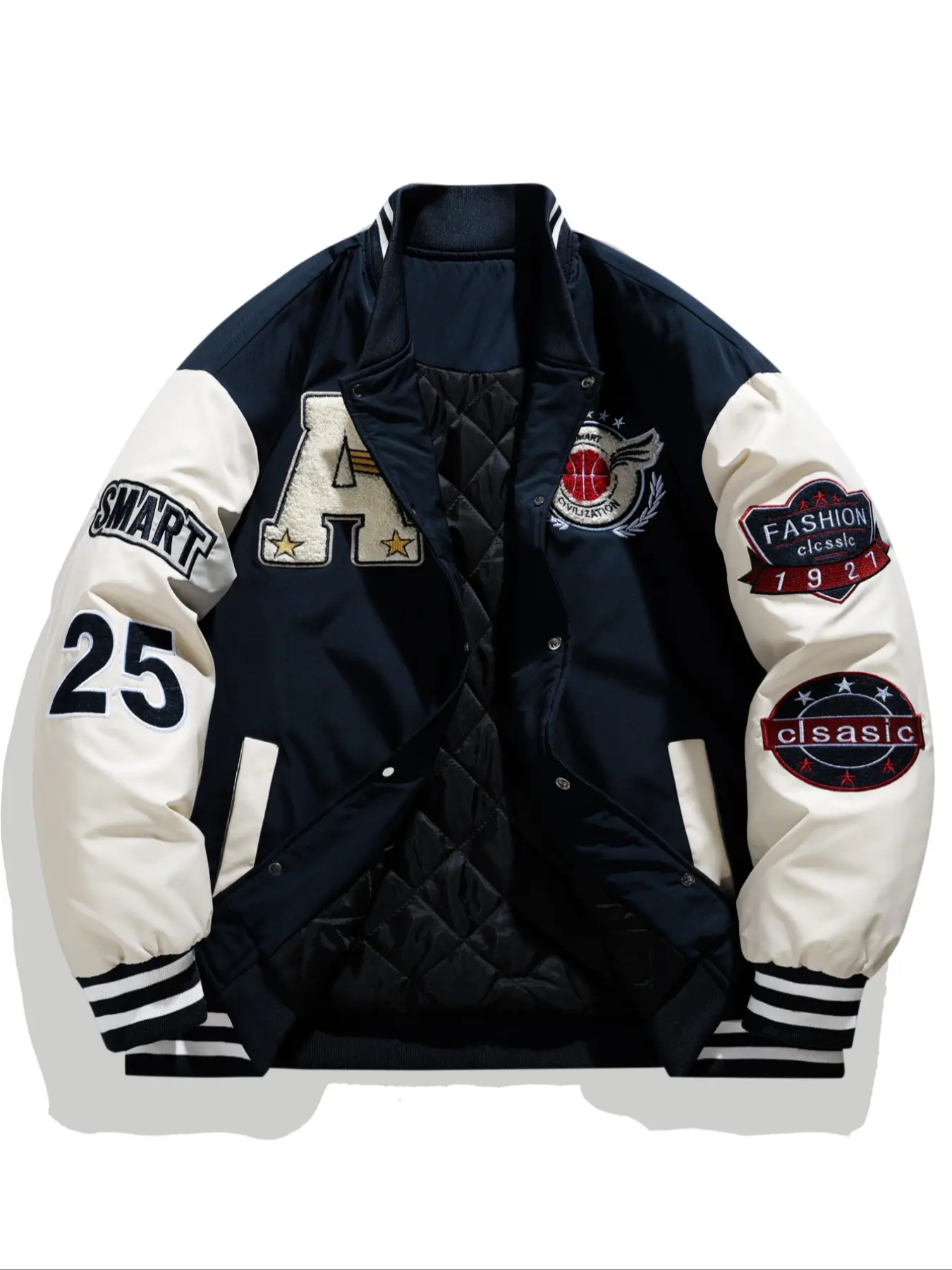 Men's College Style Jacket, Thickened American Street Fashion, Warm Patchwork Embroidered Baseball Coat, Fall & Winter Outerwear