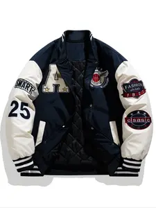 Men's College Style Thickened American Streetwear Warm Patchwork Embroidered Long Sleeve Baseball Jacket Coats, Fitted Casual Fall & Winter Outerwear