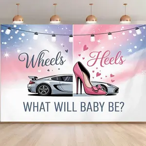 1pc 2D Flat Background Banner - Cute Baby Gender Reveal "Car & Shoes Choice" Pattern Backdrop for Photo Party Supplies, Event Decorations, Studio Props, Suitable for Indoor & Outdoor Decor