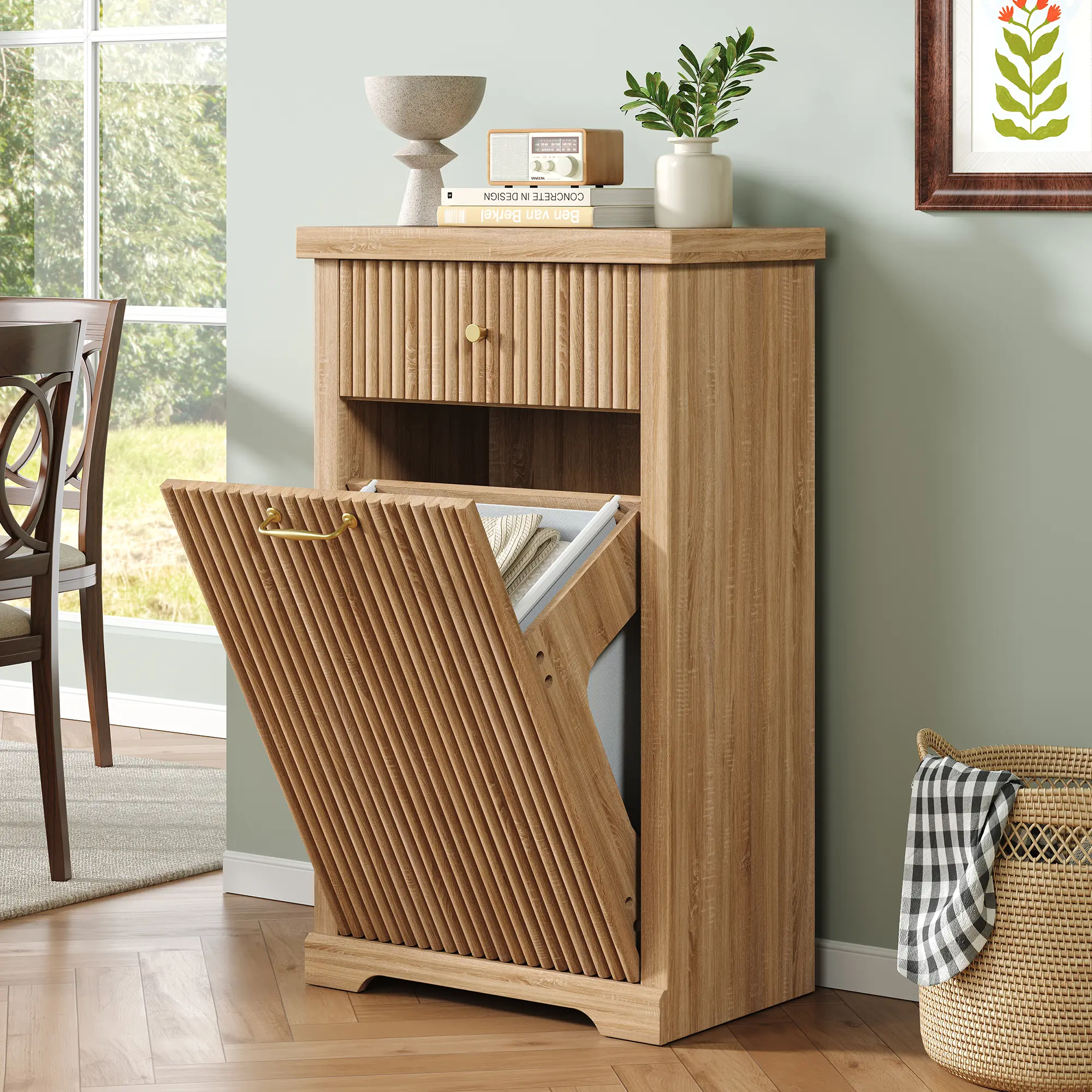 ZXVOIM Hidden Trash Cabinet, Single 13 Gallon Tilt Out Trash Can Cabinet with Deodorizing Function, Wooden Garbage Can Holder with Drawers for Dining Room, Kitchen