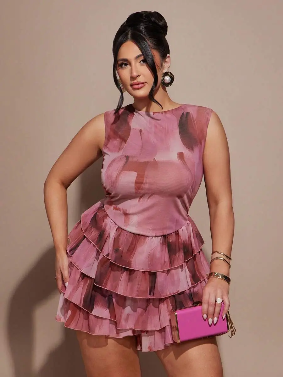 KLEYA BAE Plus Size Color Block Ruffle Hem Romper Cerise Pink Elegant Night Out Birthday Wedding Guest Club Festival Outfit for Women