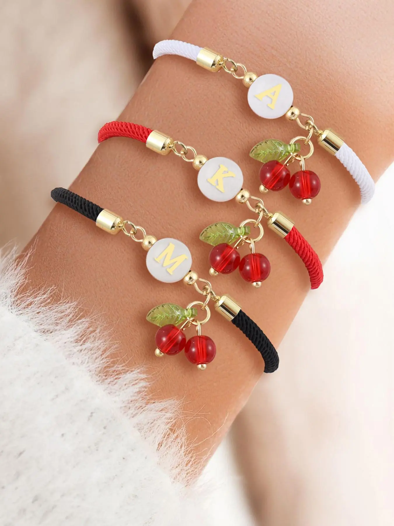 Fashionable Letter & Cherry Design Initial Bracelet, Adjustable Rope Letter Link Bracelet for Women & Girls, Trendy All-match & Exquisite Jewelry for Birthday Gift