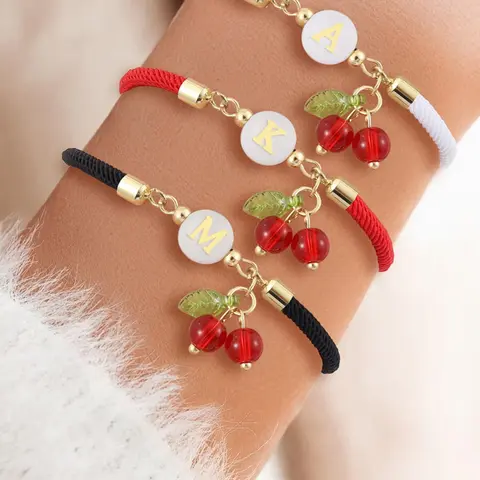 Fashionable Letter & Cherry Design Initial Bracelet, Fashionable Bracelet Style, Adjustable Rope Letter Link Bracelet for Women & Girls, Trendy All-match & Exquisite Jewelry for Birthday Gift