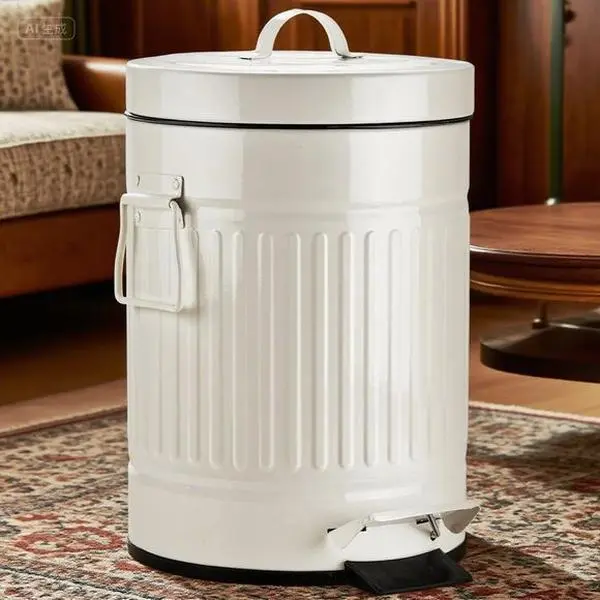 White Pedal Trash Can with Lid - Rustic Bathroom & Kitchen Garbage Bin - 5L Small Wastebasket for Home Décor - Farmhouse Style Foot-Operated Dustbin - 1.3 Gallon Compact White Trash Container Smooth Metal Removable Set
