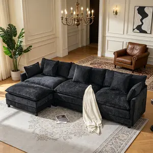 108" L Shaped Modern Sofa Modular Sectional Cloud Couch with Ottoman, 4-Seat Chenille Deep Seat Sofa with Pillow for Living Room, Bedroom and Apartment