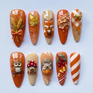 AuréNails - Handmade Autumn Forest Press On Nails | 3D Fox, Owl, Hedgehog, Mushrooms & Fall Leaves | Cute Orange Nails For Cozy Vibe