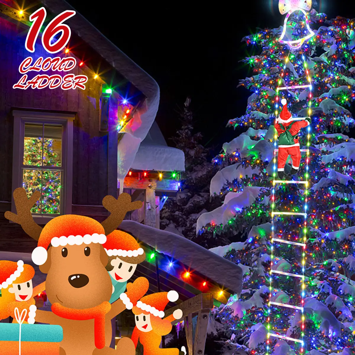 LED Christmas Ladder Lights with Santa Claus, Multicolor Xmas Decor Lighting, Indoor & Outdoor Decor for Window, Garden, Home Wall and Christmas Tree