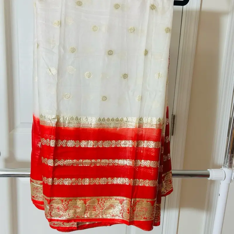 Female Satin-Viscose Saree with Picco Falls, White and Red, Perfect for Party and Any Occasion