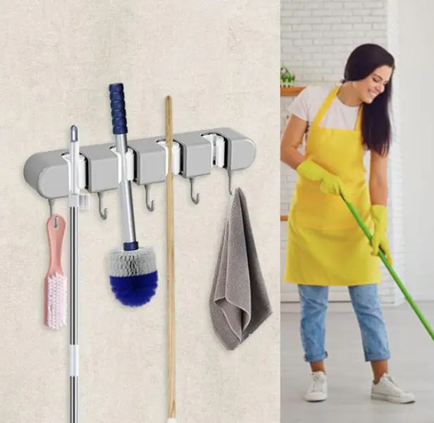 1PCS Wall Mounted Mop & Broom Rack with Hook – Punch-Free Space-Saving Storage Hanger, Strong Adhesive Clip Rack for Bathroom, Kitchen & Home, Holds Brooms, Mops & Dustpans Neatly, Easy Installation, Keeps Cleaning Tools Organized & Accessible