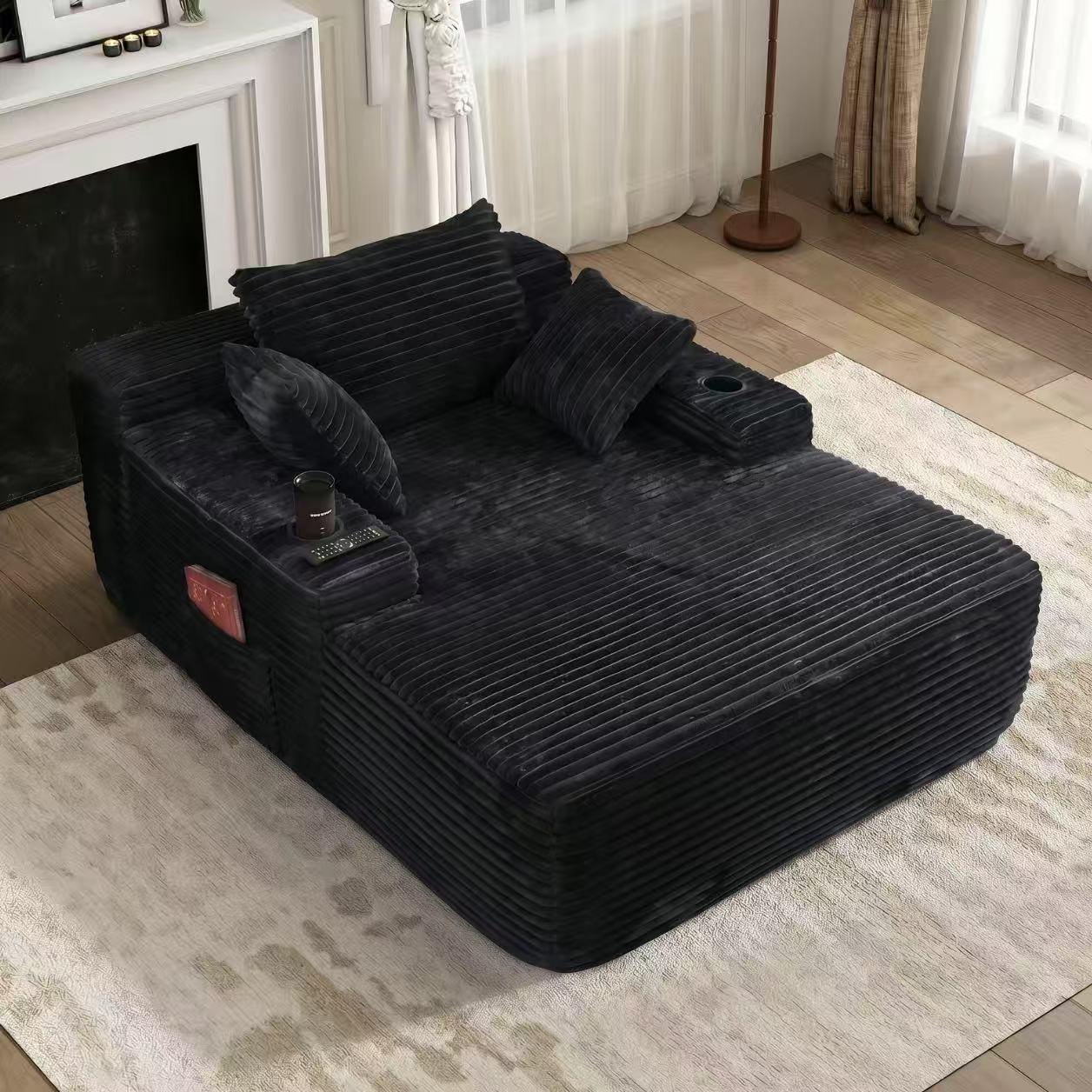 Beige Corduroy Fluffy Minimalist Oversized Boneless Cloud Modular Sectional Sofa - Fixed Arms, High-Density Foam, Built-in Storage, Cup Holder, Side Pockets, Tool-Free Setup, Included Pillows, Comfy Bean-Bag Feel, Apartment Use