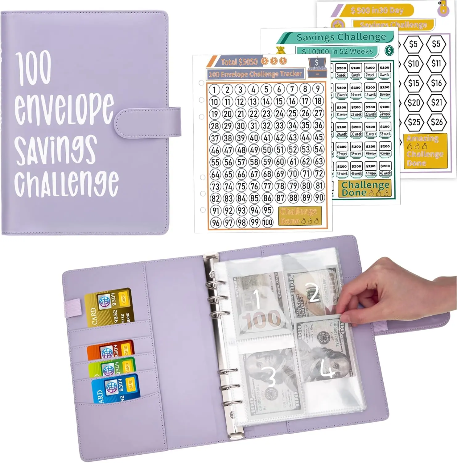 100 Envelopes Money Saving Challenge Binder, A5 Budget Binder with Cash Envelopes, Savings Challenges Book to Save $5,050,