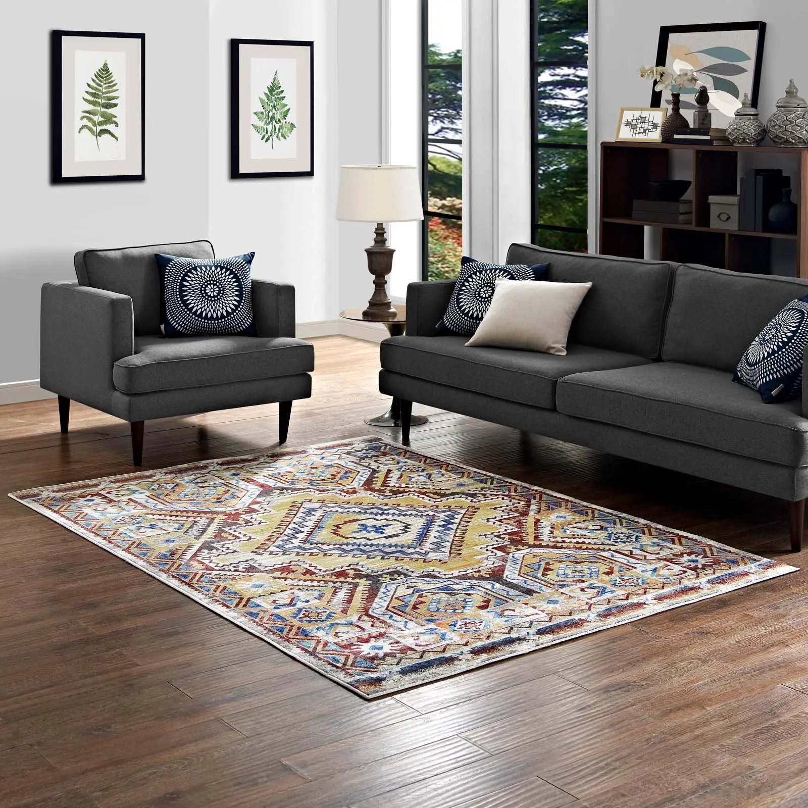 Modway Florita Distressed Southwestern Style Aztec Print 5x8 Area Rug, Multicolored Western Aztec Area Rug, Aztec Area Rugs, Southwestern Style Area Rugs