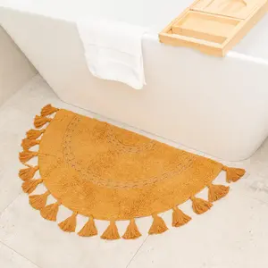 Half Circle Mat with Crochet Insert and Tassels - 100% Cotton Boho Bathroom Rug - Decorative Non-Slip Bohemian Rug for Bathroom or Bedroom - Cute Yellow Mustard Boho Decor (42x22)