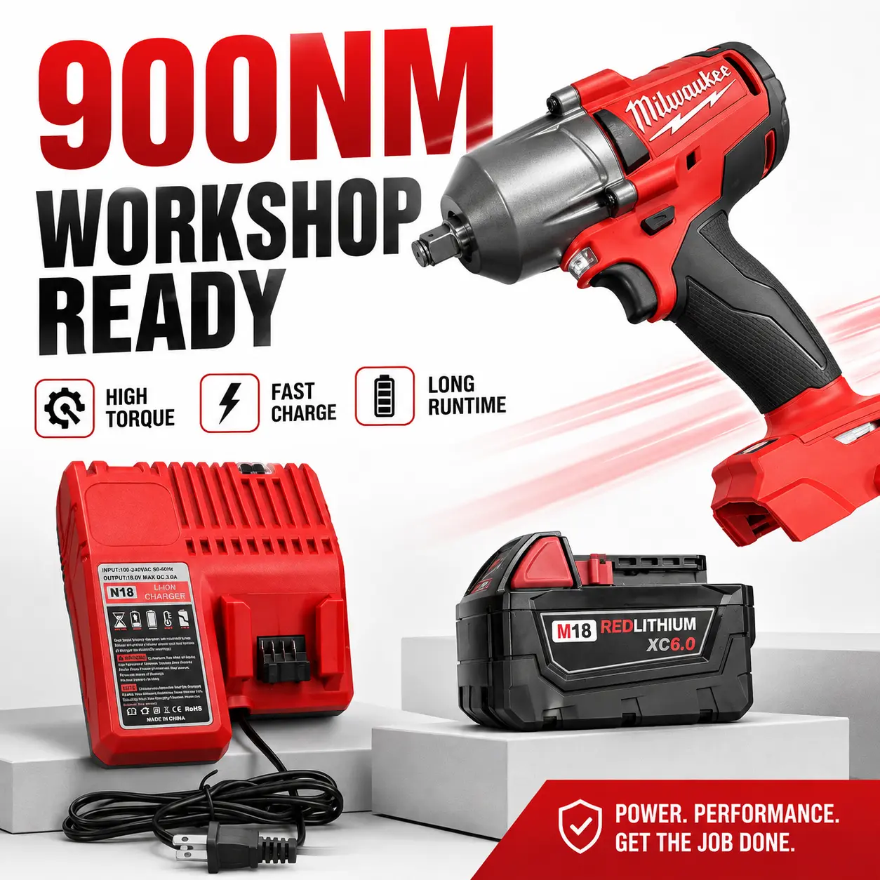 Milwaukee 18V Cordless Electric Wrench 900N.M Brushless Impact Wrench with Fast Charger No Battery Included for Heavy-Duty Applications Rechargeable High Torque