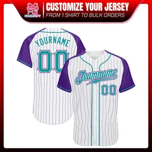 Custom White Purple Pinstripe Teal-Purple Raglan Sleeves Baseball Jersey, Baseball Shirt Printed, Custom Name Number Logo Baseball Uniform, Sporty Style Comfortable Moisture-Wicking Polyester,Back To School Shirt