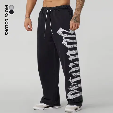 Men's Gothic Preppy Colorblock Polyester Sweatpants - Mens Clothing, Long Straight Baggy Fit, Drawstring Adjustable Waist, Letter Graphic Print, Wide-Leg Bottoms for Outdoor Daily Wear, Men's Sweatpants