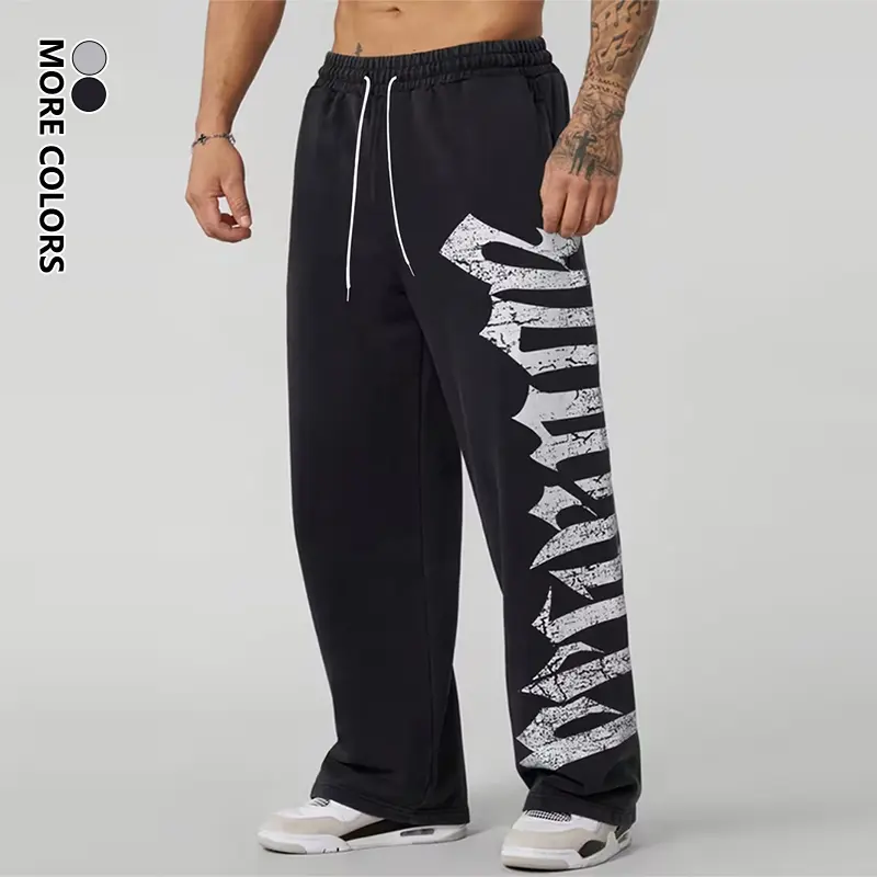 Men's Gothic Style Long Straight Casual Pants, Letter Graphic Print Sweatpants with Adjustable Drawstring Waist, Loose Wide Leg Athletic Bottoms for Outdoor Daily Wear