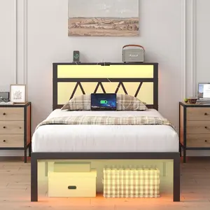Bed Frame with Smart LED Lights, Storage Headboard and USB Charging Station,Platform Bed with Wood Slats, No Box Spring Needed, Noise Free, Easy Assembly,White