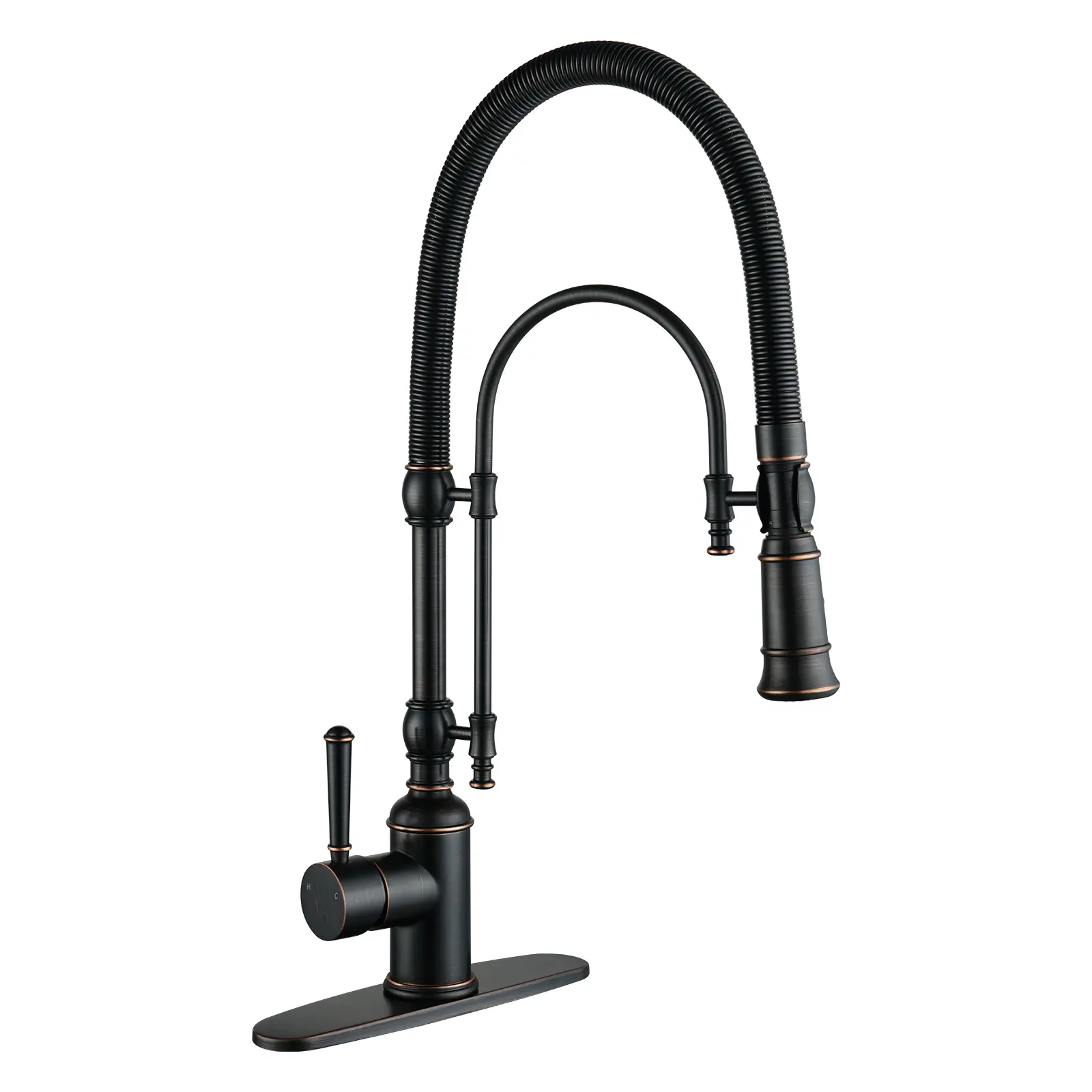 WOWOW Single Handle Deck-Mount Gooseneck Pull-Down Quarter-Turn Kitchen Faucet, High Arc Vintage Oil Rubbed Bronze Tap with Solid Brass Spout, Magnetic Dock, Multiple Spray Modes & Included Hardware, Quarter-Turn Kitchen Taps
