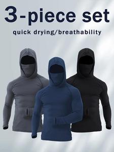 3-Piece Set Men's Quick Dry Breathable Hoodies with Masks Long Sleeved T-Shirt Spring Autumn Compression Sports Top Enhance Workout Performance Outdoor Sportswear