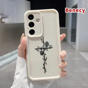 Rose Cross Pattern TPU Phone Case Compatible with Galaxy S23 Ultra S24 Plus S25 S22+ Shockproof Full Camera Protection Durable Slim Silicone Cover Smartphone Casing