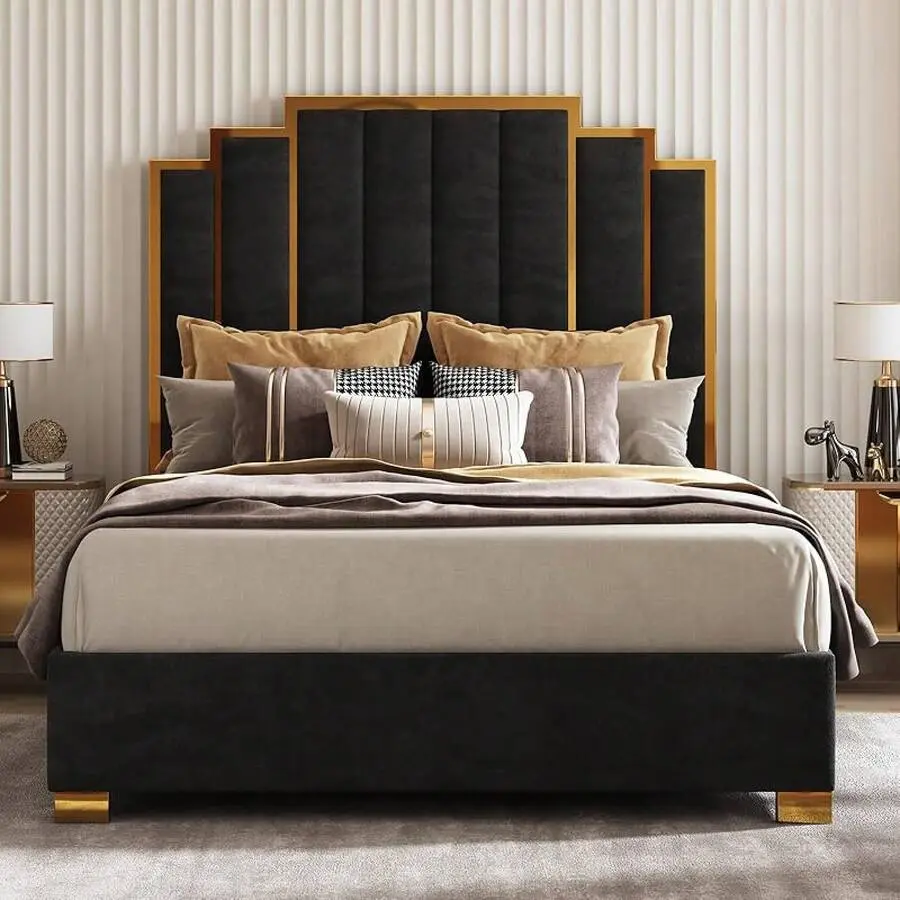 Contemporary Upholstered Queen-King Bed Frame, Velvet Platform with Gold Trim Vertical Tufted Headboard, Sturdy Metal Structure with 12 Slats, No Box Spring Required, Black Modern King/Queen Size Bed Frame, Contemporary Upholstered Bed