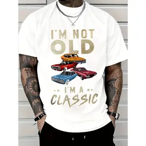 Men's Retro Car Pattern and 'I'm Not Old, I'm Classic' Printed T-Shirt - Black Crew Neck Short Sleeve Top, Suitable for All Seasons, Casual Street Style, Transparent Fabric, Non-See-Through, Plus Size Available