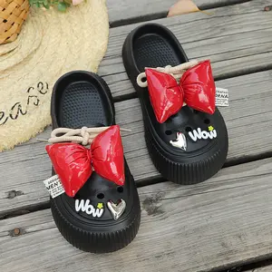 Women’s Closed-Toe Summer Slide Sandals with Bow, Perforated Design, Thick Sole for Added Height, Stylish and Versatile for Outdoor Wear