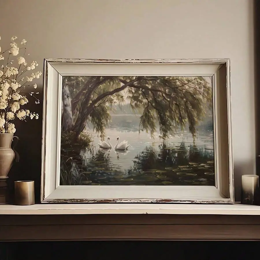1pc Unframed Swan Lake Tree Rustic Landscape Retro Poster Moody Academia Art Farmhouse Decor Vintage Painting Canvas Print Cottagecore Wall Picture For Dorm,Apartment,Living Room,Bedroom,Modern Home Decoration
