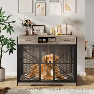 44 Inch Large Dong Crate Furniture, Multi-Functional Dog Cage Table with 2 Drawers and an Open Compartment, Heavy Duty Decorative Pet House for Indoor Use