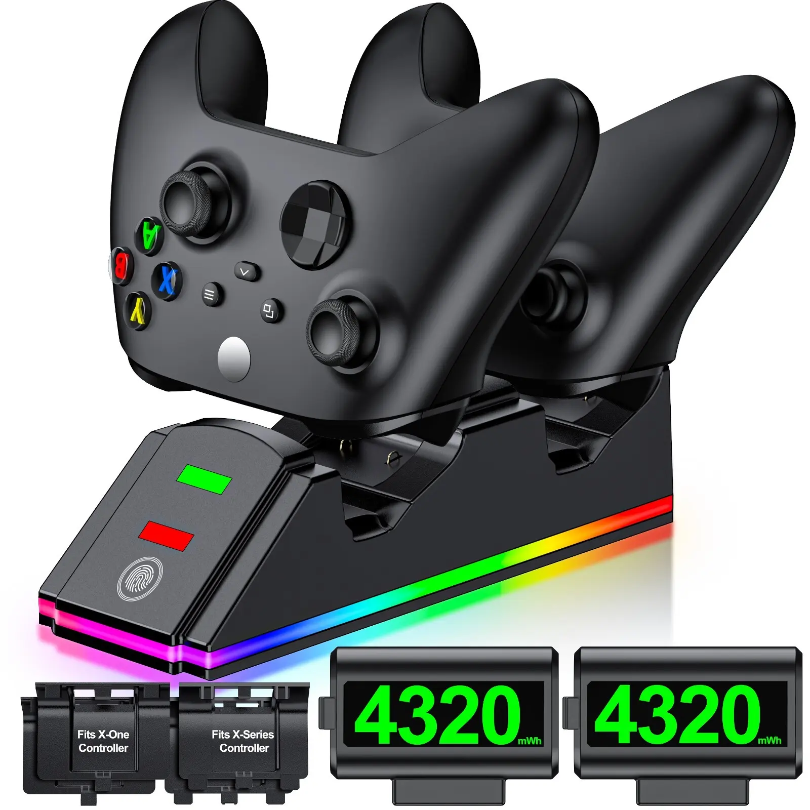 BEBONCOOL 4320mWh Battery Pack With Charger Station For Xbox One/Xbox Series X|S+RGB Light