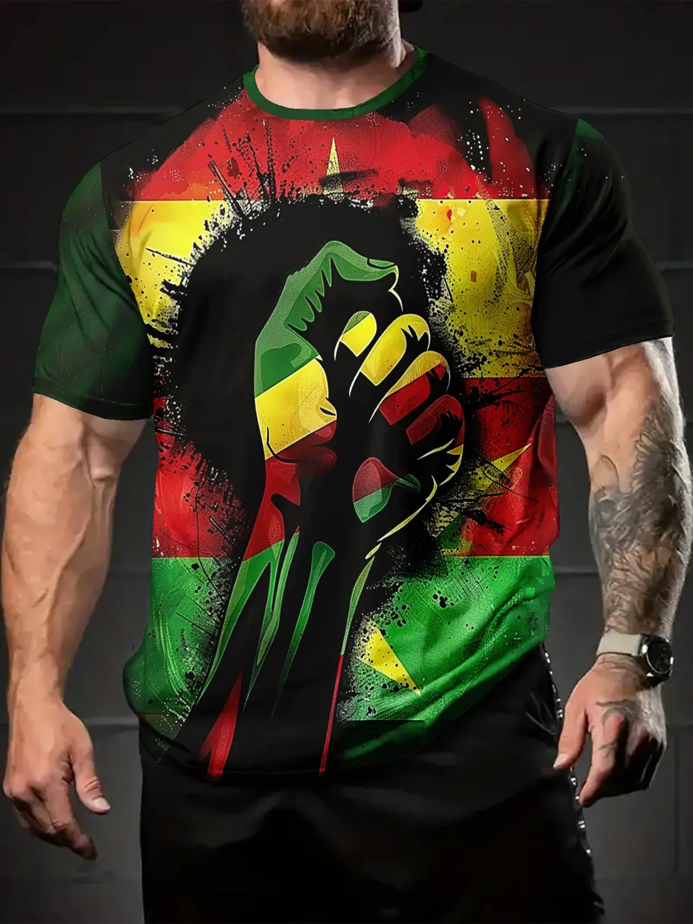 Men's Rasta Theme Graphic Tee, Bold Fist Print, Color Block Design, Breathable Polyester Knit Fabric, Summer Casual Comfort Short Sleeve