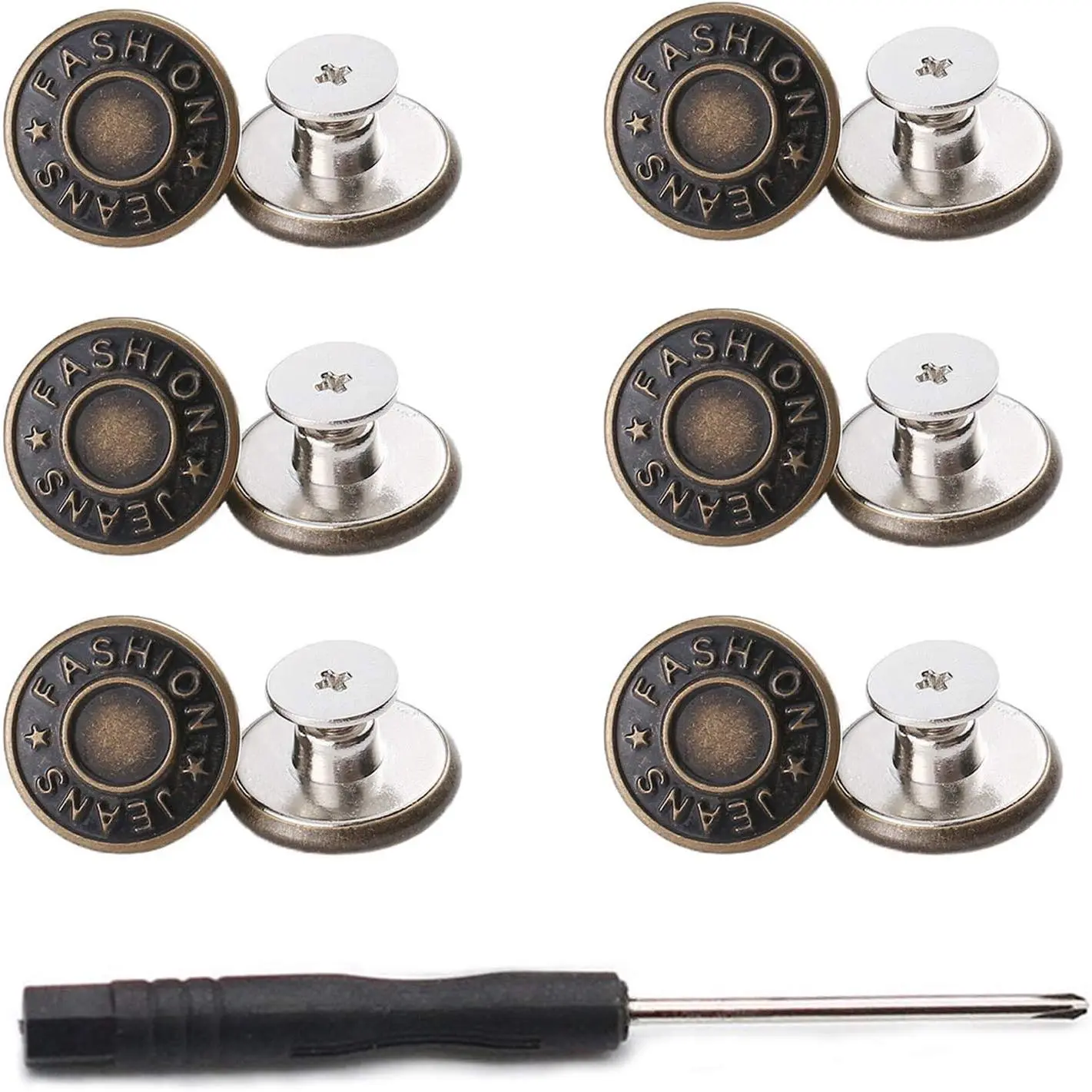 20mm No Sewing Jeans Buttons Replacement Kit with Metal Base,12 Sets Nailess Removable Metal Buttons Replacement Repair Combo Thread Rivets and Screwdrivers (0.79 inch)