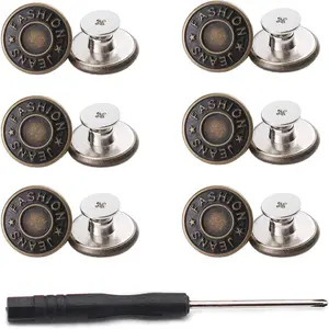 20mm No Sewing Jeans Buttons Replacement Kit with Metal Base,12 Sets Nailess Removable Metal Buttons Replacement Repair Combo Thread Rivets and Screwdrivers (0.79 inch)