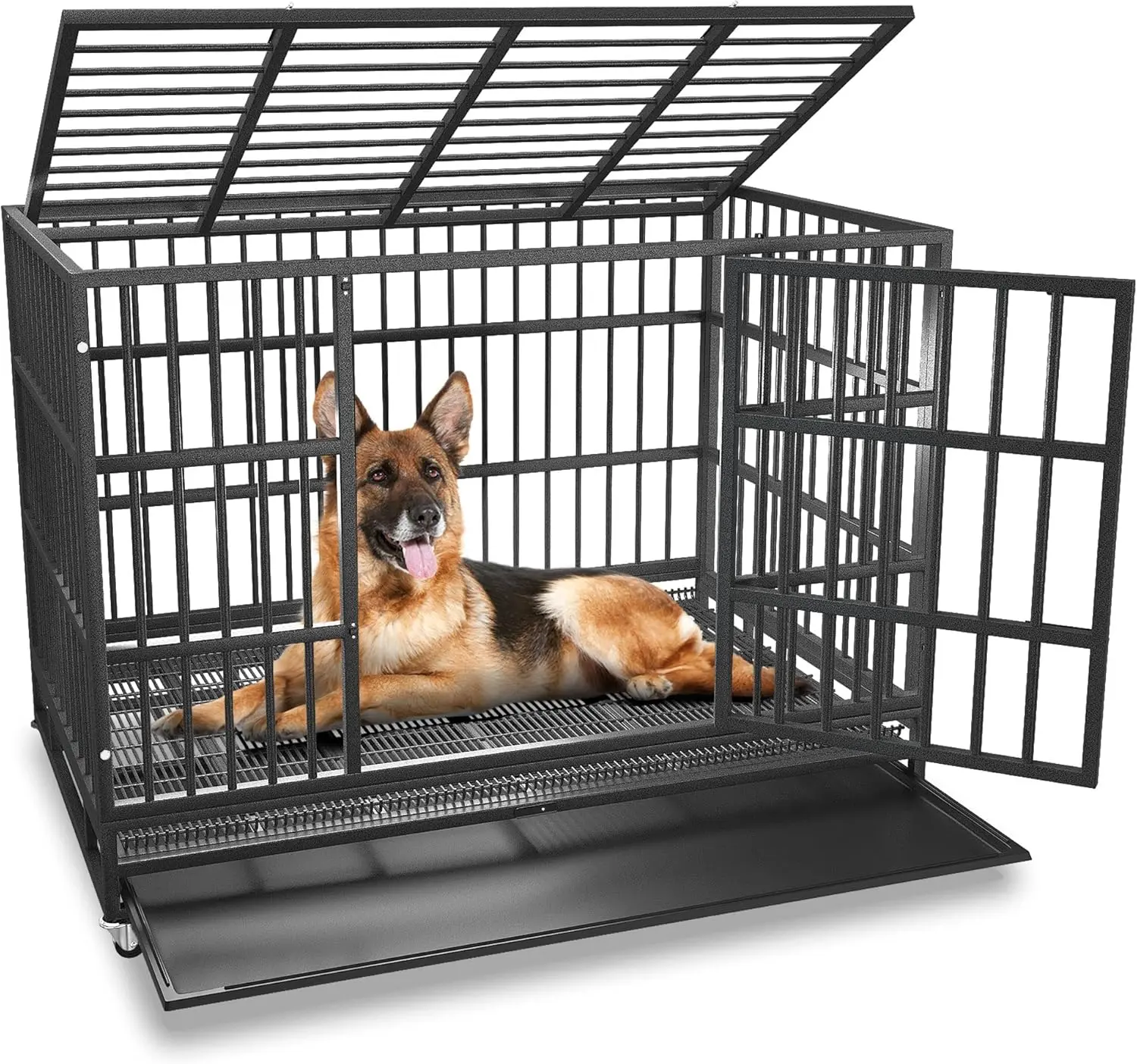 Black Heavy-Duty Metal Steel Dog Cage, Anti-Chew Escape-Proof Design for Small-Medium Dogs