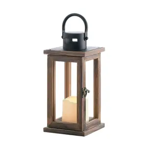 LODGE WOODEN LANTERN WITH LED CANDLE