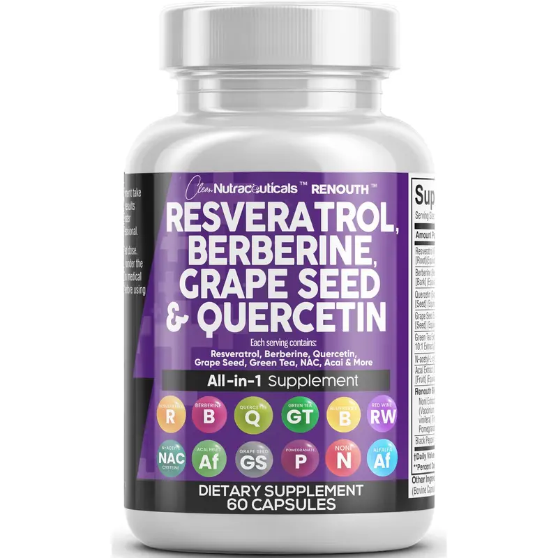 Clean Nutraceuticals Resveratrol, Berberine, Grape Seed, Quercetin, Green Tea Extract & More for Women & Men's Polyphenol Supplement Capsules – Renouth