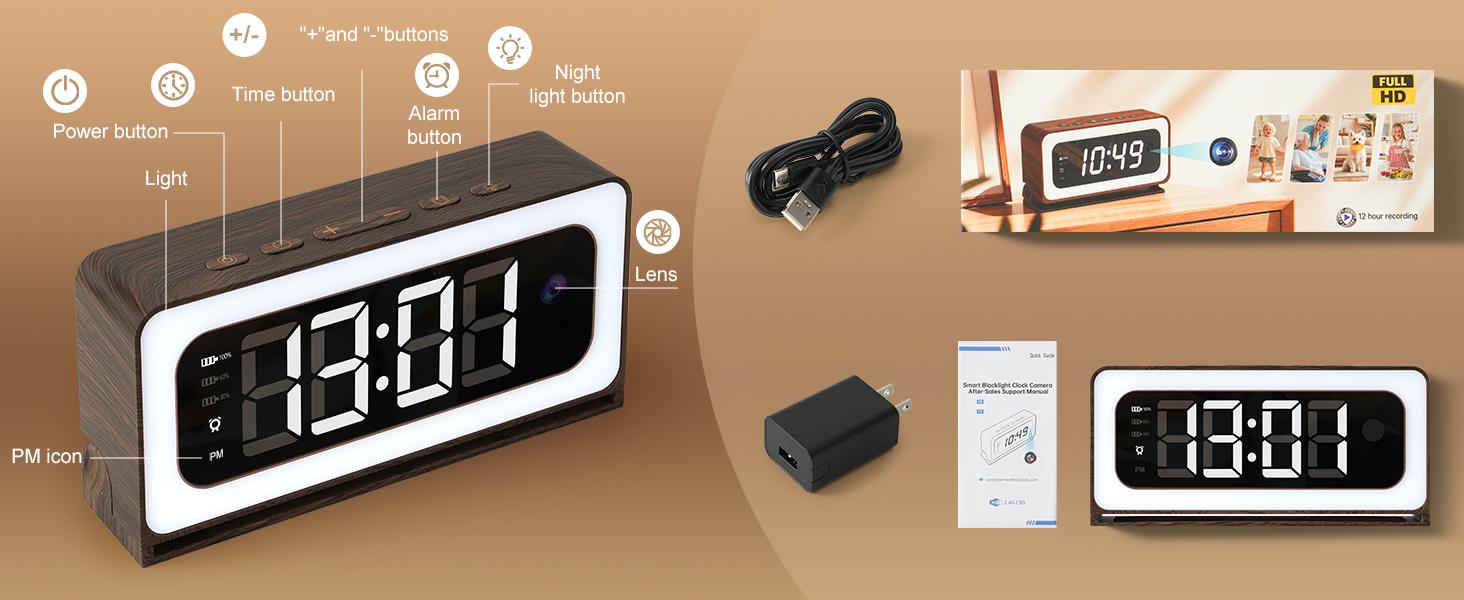 2K Smart Indoor Clock Camera,  Nanny Cam, Indoor Security Camera for Home, 5G & 2.4G WiFi, Full Color Night Vision, Motion Detection Alerts, Alarm Siren, Local SD Storage, Wood Grain Design