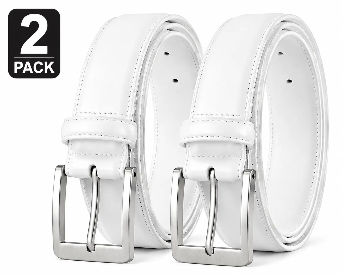 2 Pack Men's White Reversible Leather Style Belts Double Sided Adjustable Dress & Casual Waist Belts