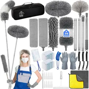 Microfiber Duster Kit 36 count with 30 to 100 in Extension Pole and Ceiling Fan Cleaner Duster, Washable and Bendable  Duster for Cleaning Ceiling Fans, High Ceilings, Blinds, Grey